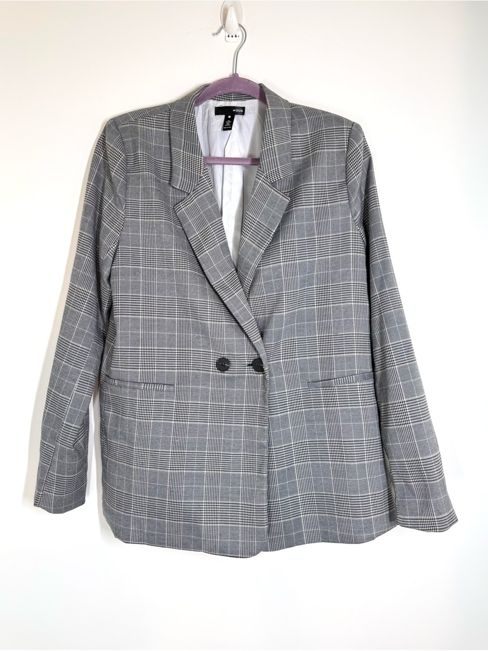 Aqua Gray Navy Plaid Double-Button Women’s Blazer Jacket Preppy Office Career